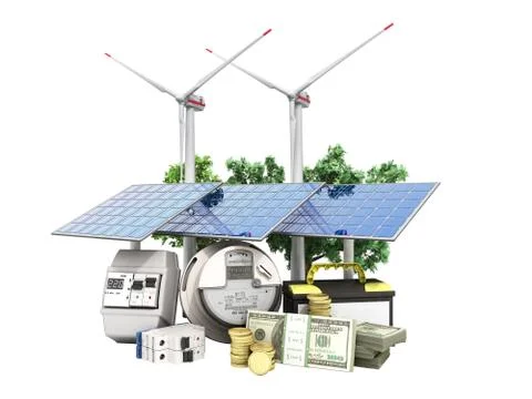 Concept of energy saving solar panels and a windmill near the meter of electr Illustrazione stock