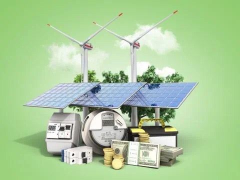 Concept of energy saving solar panels and a windmill near the meter of electr Stock Illustration