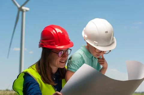 Concept of engineers and windmills Stock Photos
