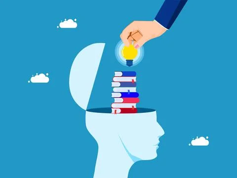 The concept of enhancing learning. A pile of books in a human head with a bus Illustrazione stock