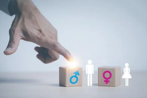 Concept equality and differences between men and women, Hand touch wooden cub Stock Photos