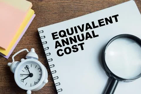 Concept of equivalent annual cost write on book isolated on Wooden Table. Stock Photos