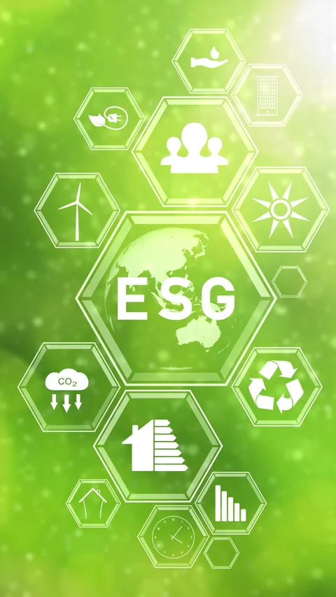 Concept ESG icons on vertical loop green bokeh background Stock Footage 343615218