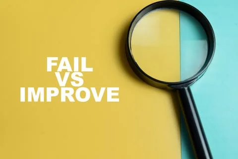 Concept of fail vs improve write on color background with magnifying glass. Stock Photos