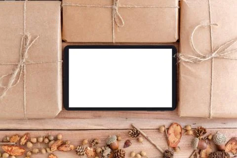 The concept for the fall of Internet Commerce. electronic tablet ,cones,acorn Stock Photos
