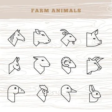 Concept of farm animals. Vector icon set in a linear style of farm animals Stock Illustration