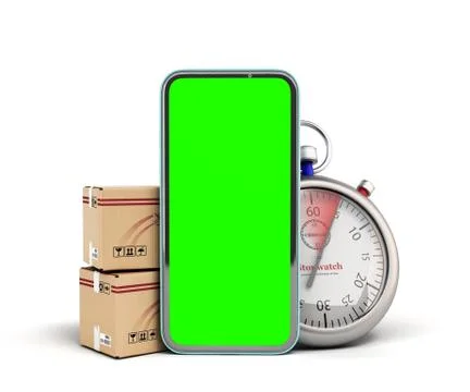 Concept of fast delivery and parcel tracking boxes are at the phone screen ne Illustrazione stock