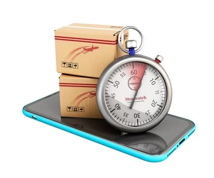 Concept of fast delivery and parcel tracking boxes are on the phone screen ne Stock Illustration