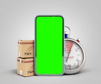 Concept of fast delivery and parcel tracking boxes are at the phone screen ne Illustrazione stock