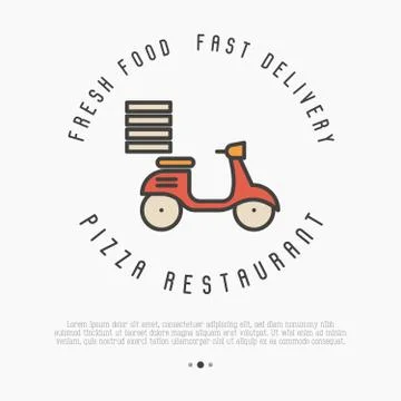 Concept of fast delivery of pizza. Thin line bike for advertisement Stock Illustration