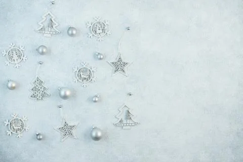 The concept of a festive background in silver tones. Top view of the silver b Stock Photos