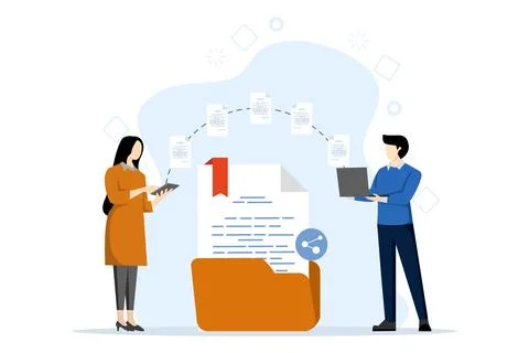 Concept of file sharing, data transfer, documentation transfer, cloud services. Illustrazione stock