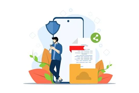 Concept of file sharing, data transfer, documentation transfer, cloud services. Stock Illustration