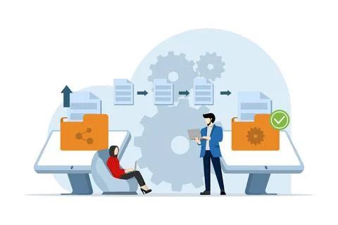 Concept of file transfer, data backup, document storage, cloud technology. 스톡 일러스트