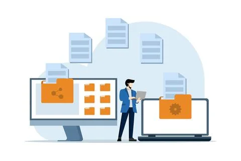 Concept of file transfer, data backup, document storage, cloud technology. Illustrazione stock