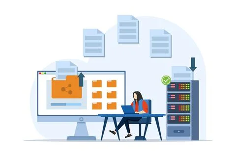 Concept of file transfer, data backup, document storage, cloud technology. Illustrazione stock