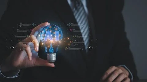 Concept of finding business ideas using artificial intelligence. Businessma.. Stock Photos