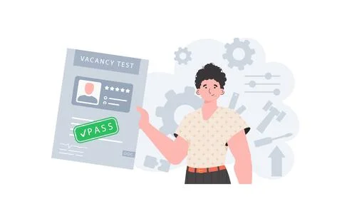 The concept of finding employees. The guy holds in his hands the passed test  Stock Illustration