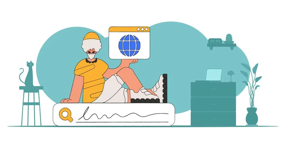 Concept Finding the necessary information on the Internet. A man sits on a .. Stockillustratie
