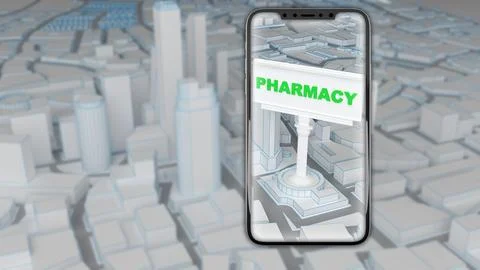 Concept of finding pharmacy in the city using smartphone Stock Illustration