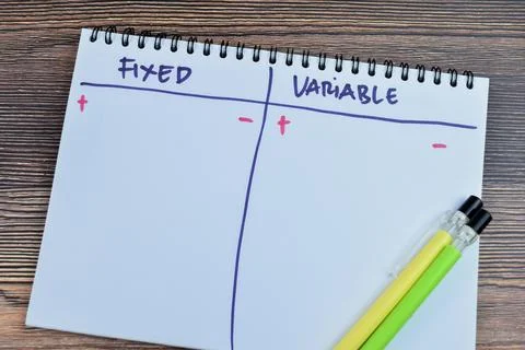 Concept of Fixed and Variable write on book isolated on Wooden Table. Fotos de archivo