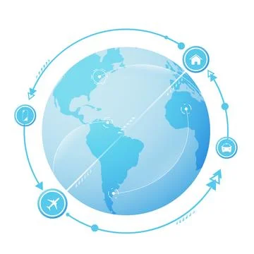 Concept of flights with multiple destinations . Global tourism with airplane Illustrazione stock