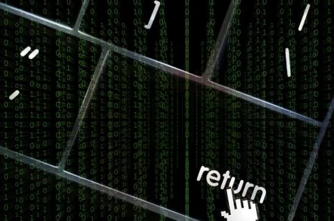 Concept with the focus on the return button overlaid with binary code Stock Illustration