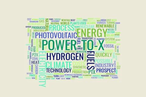 A concept in the form of a cloud of words associated with the term Power to X Stock Illustration
