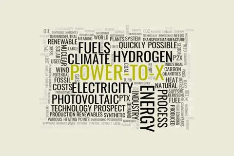 A concept in the form of a cloud of words associated with the term Power to X Stock Illustration