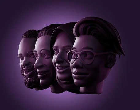 Concept of four human faces - CGI 3d sculptures Stock Illustration