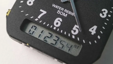 The concept of freezing time. Analog and electronic clock with a running stop Stock Footage 80991170