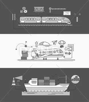 Concept of Freight Forwarding Rail by Sea and Air Stock Illustration