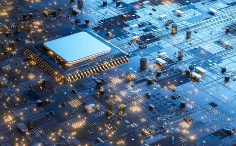 Concept future electronic circuit board with processor close up. Stock Illustration