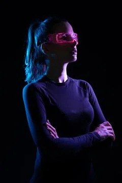 Concept of future technology or entertainment system, virtual reality. Female 스톡 사진