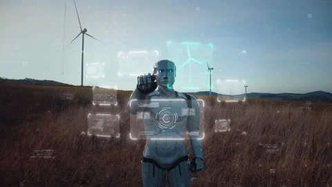 Concept of futuristic robot humanity helper monitoring status of wind turbine Stock Footage 152653984