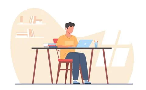 Concept of gaining knowledge online, young guy is being trained using laptop Illustrazione stock