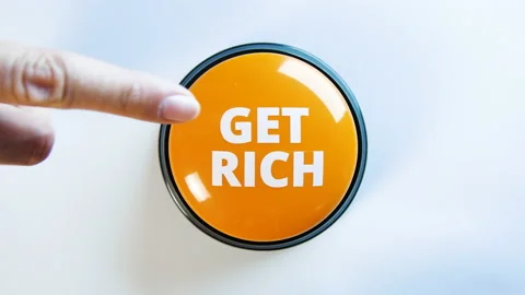 Concept of getting rich fast. Woman pushing glossy money button to become richer Stock Footage 140986355