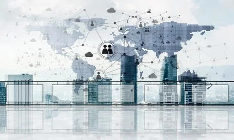 Concept of global communication and networking with world map over cityscape 写真素材