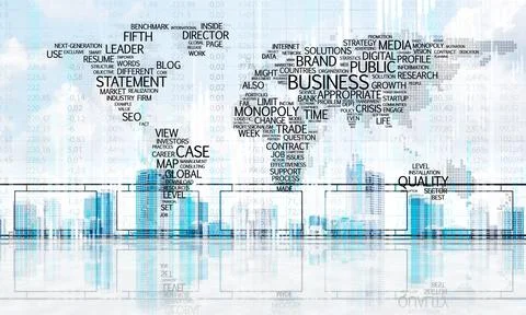 Concept of global communication and networking with world map over cityscape Stock Photos