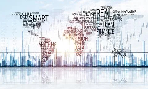 Concept of global communication and networking with world map over cityscape Stock Photos