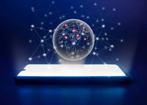 Concept of global network and world of communication Using mobile hologram. 스톡 일러스트
