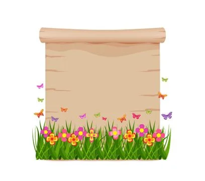 Concept grass and butterflies of spring with blank paper Stock Illustration