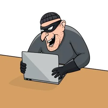 Concept of hacking. Cartoon thief trying to hack personal information. イラスト素材