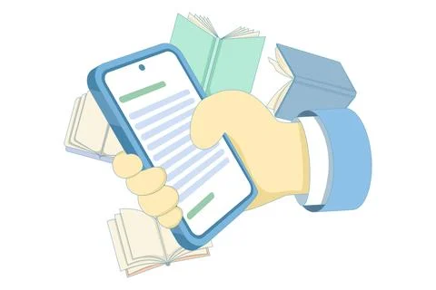 Concept of a hand holding a smartphone with an e-book and an e-book reader Stock Illustration