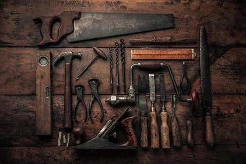 Concept of handwork with rusty carpentry set tools Stock Photos