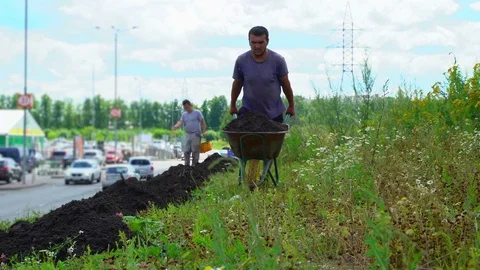 Concept of Hard Manual Labour. Worker Carries Heavy Cart With Soil. Stock Footage 70340664