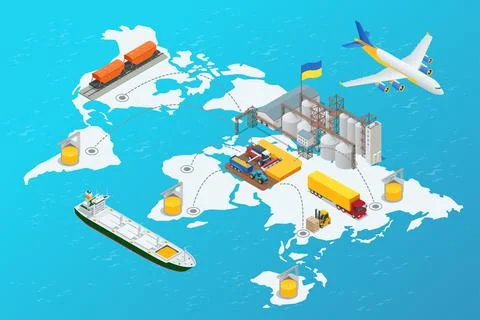 The concept of harvest, export, import. Isometric Grain Export. Global logistics Illustrazione stock