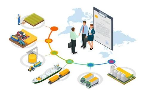 The concept of harvest, export, import. Isometric Grain Export. Global logistics Illustrazione stock