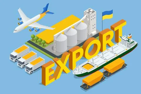 The concept of harvest, export, import. Isometric Grain Export. Global logistics Stock Illustration