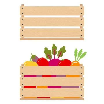 Concept of harvest. Vector illustration of comparing an empty wooden box with a Stock Illustration